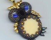 Beaded/ Beadwoven Owl Pendant .  Blue Cat's Eyes . Black Onyx . Genuine Pearls - Blue Eye Owl by enchantedbeads on Etsy
