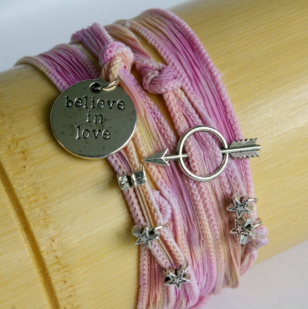 Yoga Silk Ribbon Charm Bracelet : Natural Hand Dyed Wrap 'believe in love'