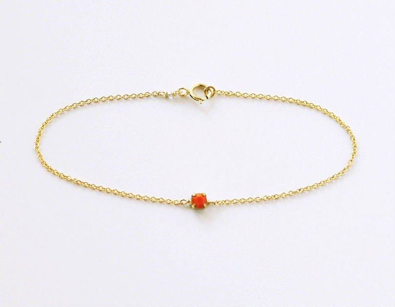 Crystal bracelet - coral orange tiny rhinestone 14k gold filled chain bracelet - dainty jewelry