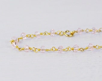 Rosewater bracelet - delicate pale pink crystal beaded vermeil gold bracelet - delicate jewelry gift