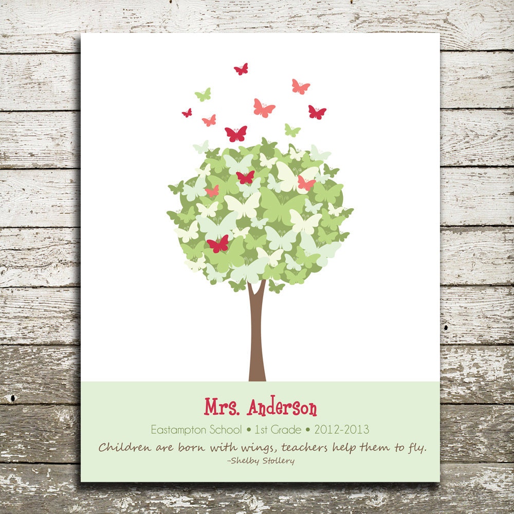 Custom Teacher Gift Print - Butterfly Tree Wall Art - Personalize with Name, School, Grade - 8x10 Gift Print