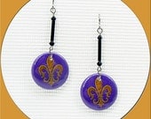 Purple Gold Fleur De Lis 1 Inch Button Dangle Pierced Earrings