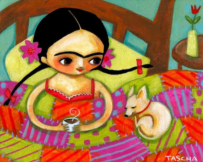 PRINT Frida in bed with tan chihuahua dog 8x10 reproduction poster