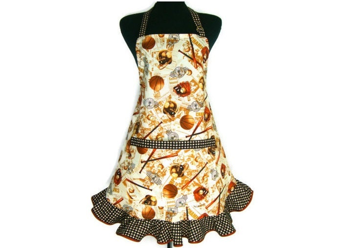 Antique Sports Print, Retro Kitchen Apron, Sepia Tone, Hostess Style with Ruffle