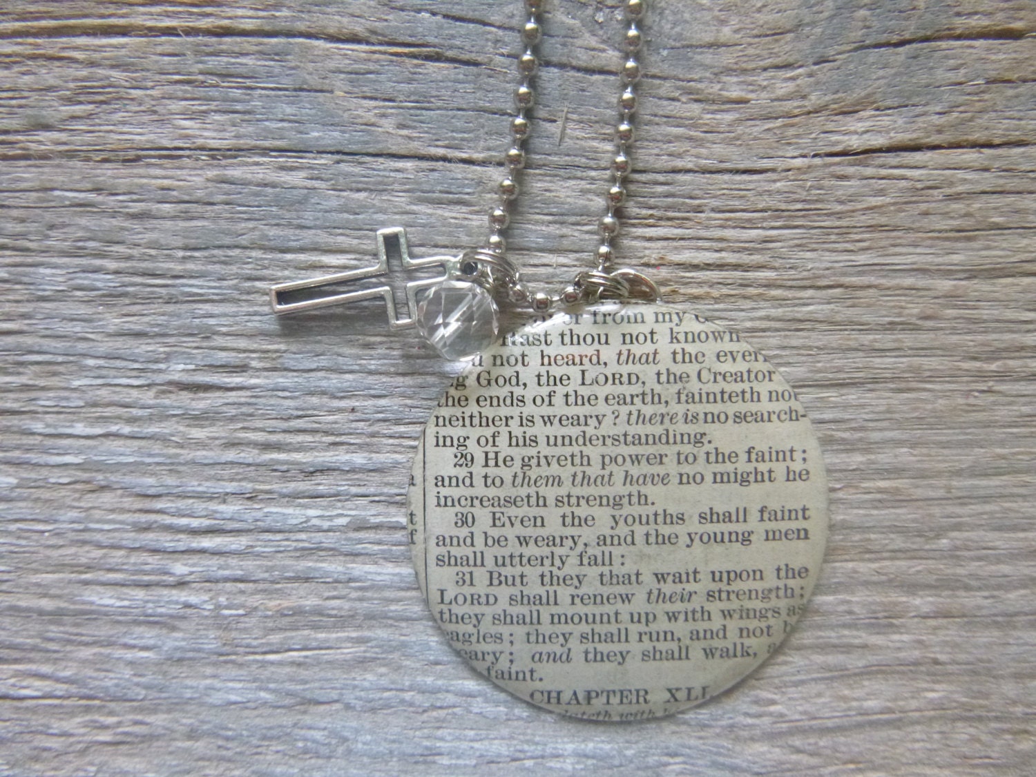 They that wait upon the Lord - Isaiah 40 - Altered Vintage Glass Watch Crystal Pendant Necklace - Recycled Upcycled