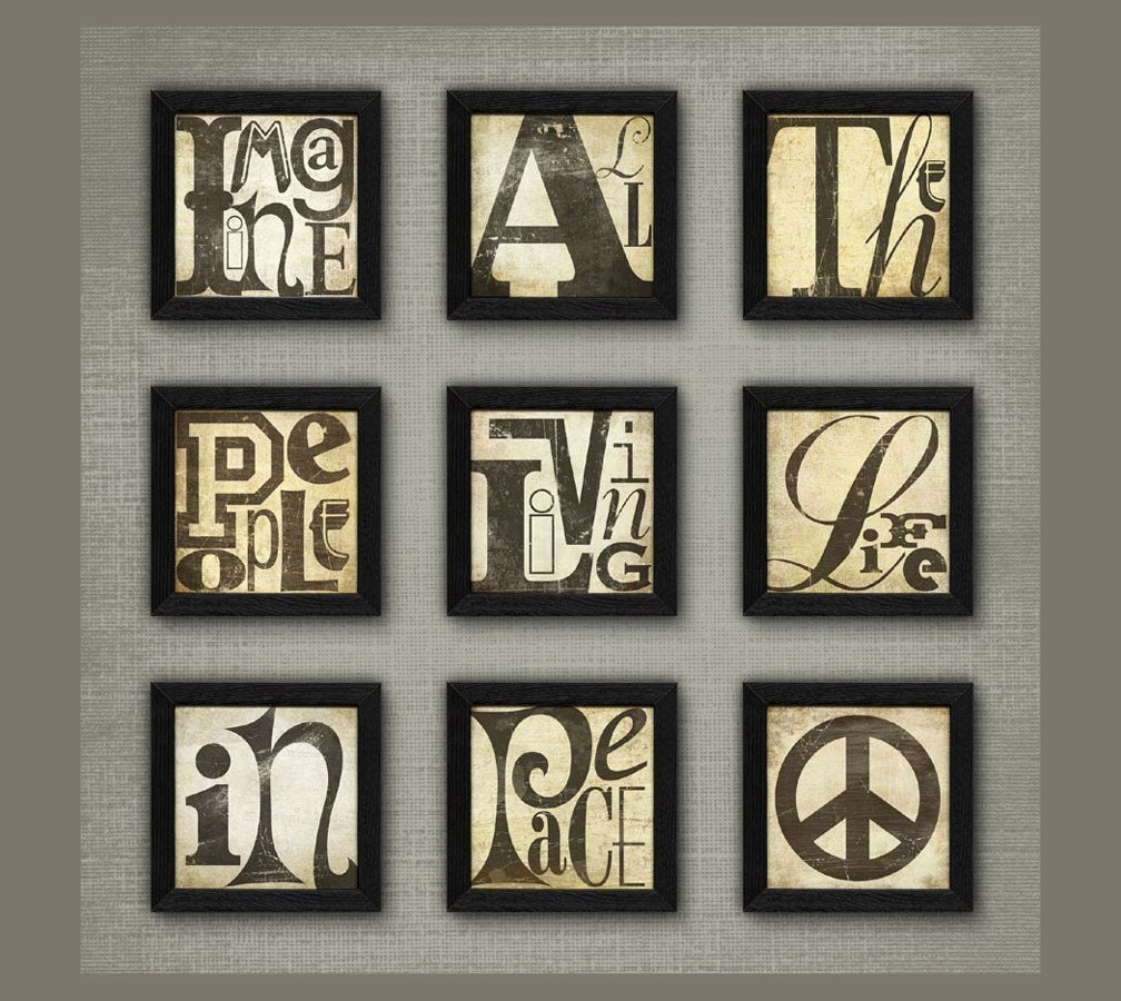 John Lennon Imagine Lyric Art Set - Imagine All The People Living Life In Peace--ROCK BLOX---9pc framed set