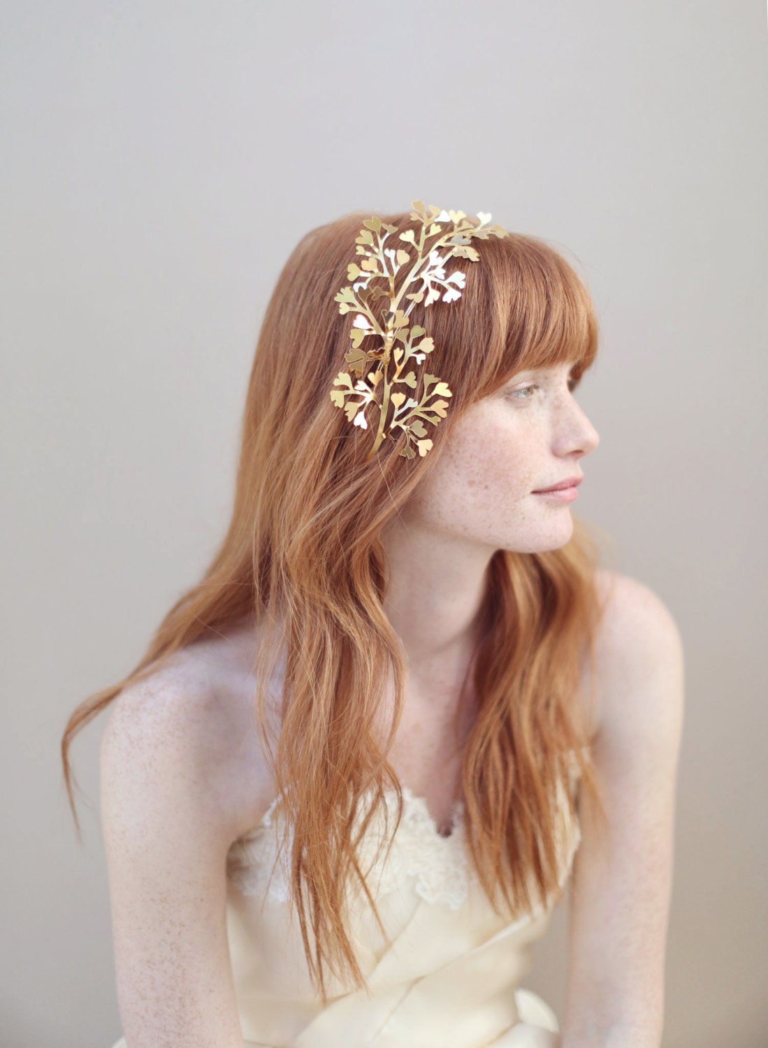 Gold Bridal headband, headpiece, fern leaves -  Maidenhair fern gilded headband - Style 337