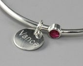 Sterling Silver Birthstone Bangle - Gemstone Bracelet - Double-Sided Engraved Name Tag - Modern Mothers Day Gift - Made to Order