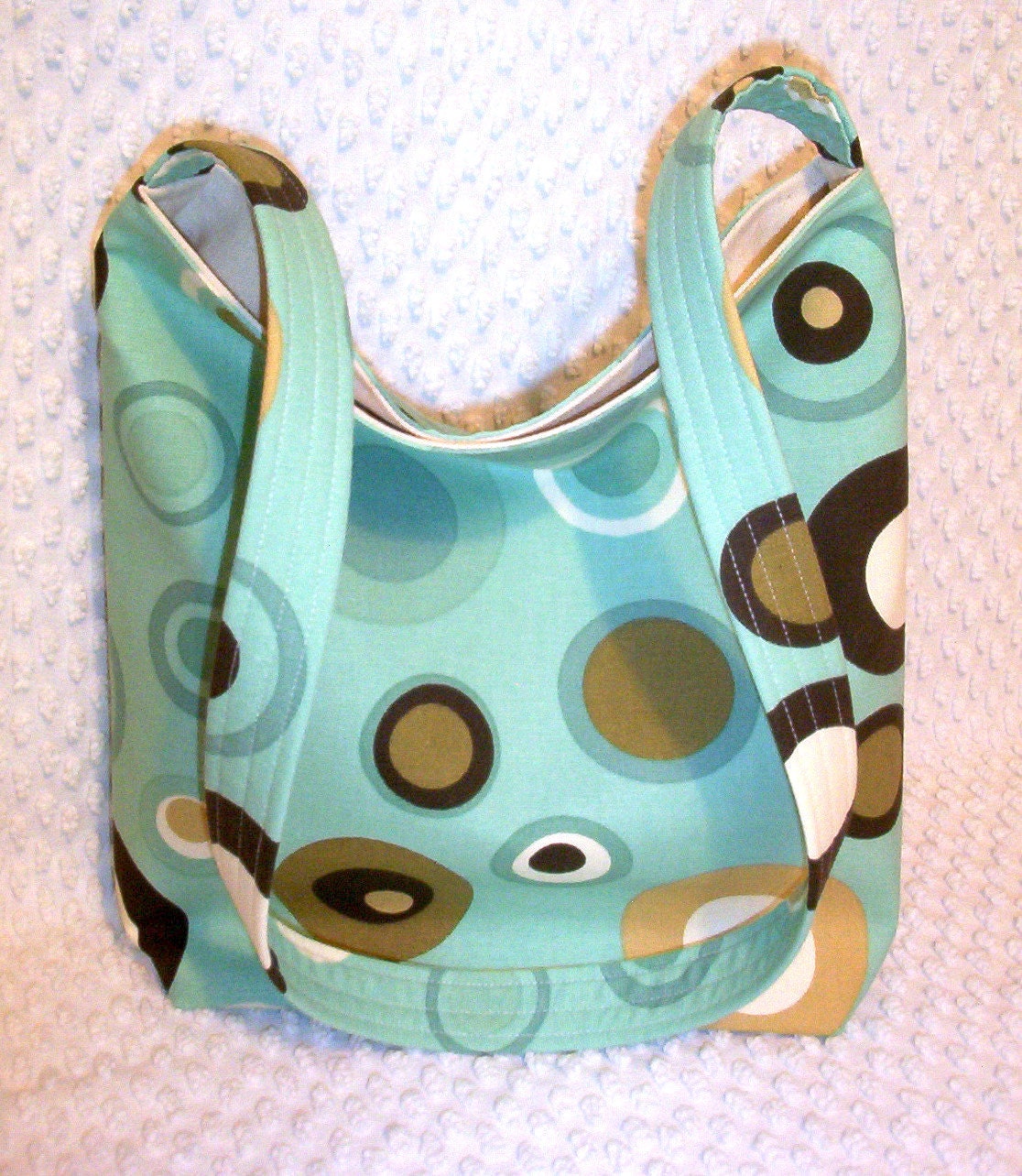 Hobo Bag Slouch Purse Multi-Use Bag Hobo Purse Market Tote Slouchy Bag Aqua and Brown Circles and Dots