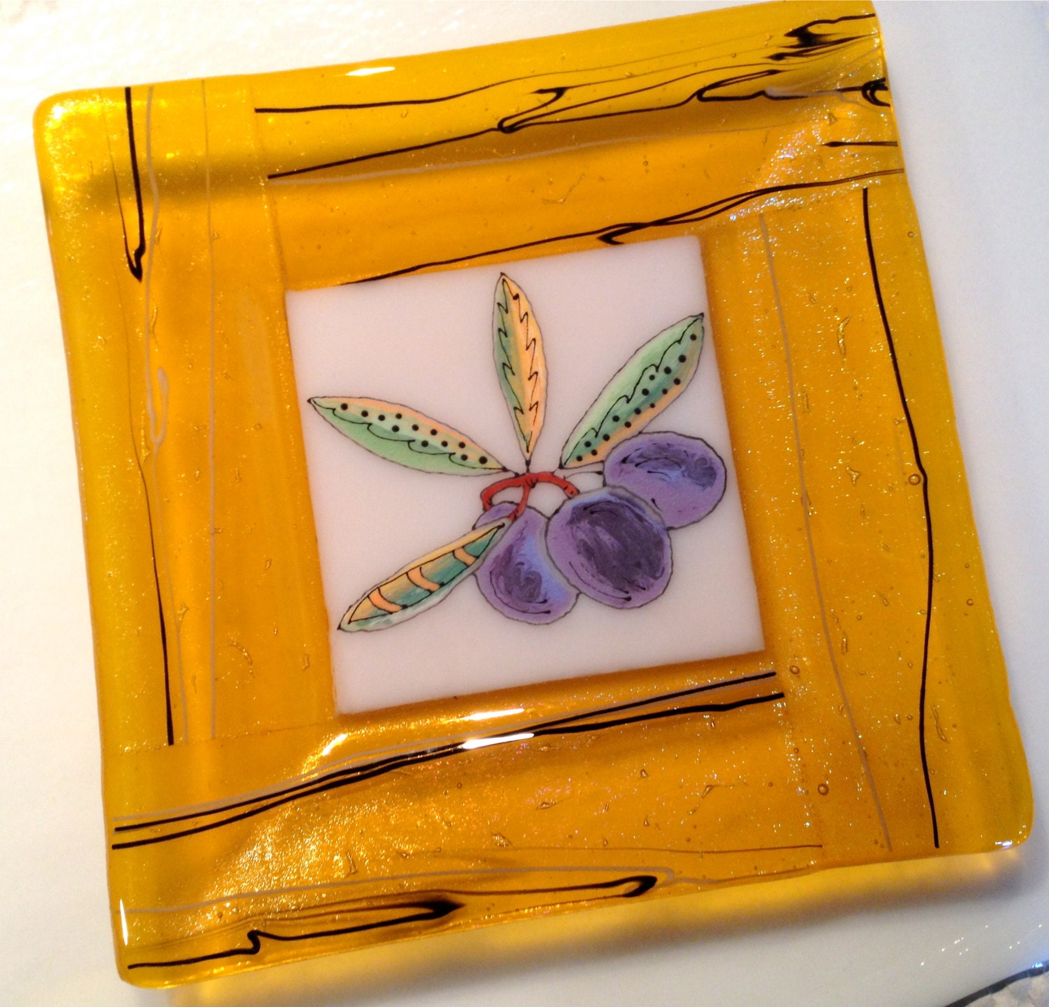 Fused Glass Dish: Amber Plate with Olives