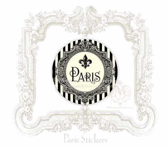 French, Paris Sticker, Fleur de Lis, Stripes, Black and Cream, Ornate Frame, French Sticker, Seals, Large Glossy Stickers, 2.25" diameter