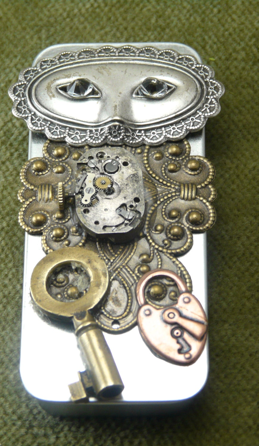 Hand Made Mixed Media Altered Art Assemblage Steampunk Gothic Sliding Tin Original