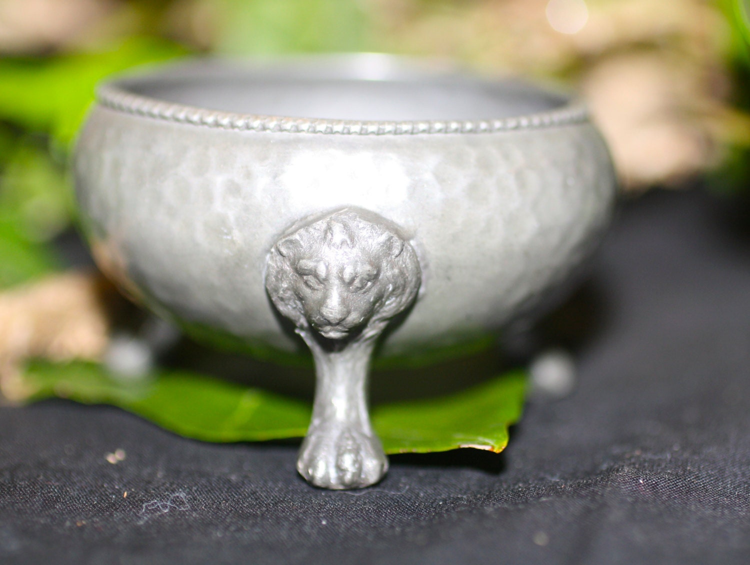 Vintage Pewter Lion's Head Cauldron