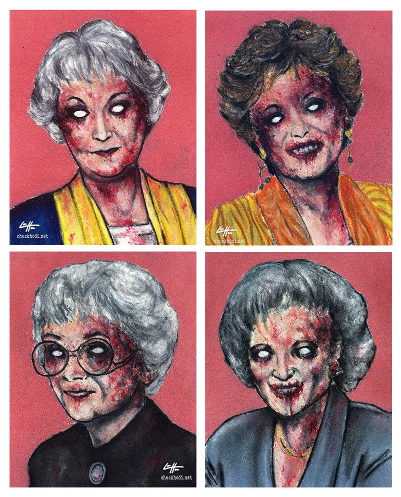 Prints 8x10" - Zombie Golden Girls - Zombies Vintage Horror Dark Art Funny Pop Art Vintage Gay Gothic 80s Cult TV Pink Lowbrow Blood Vampire