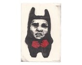 Rabbit figure with red hands monoprint fine art print