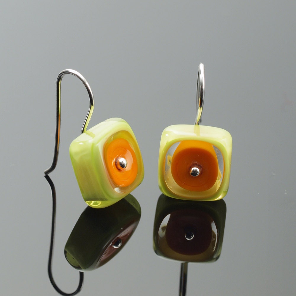 Medium Glass Square Earrings in Orange and Chartreuse