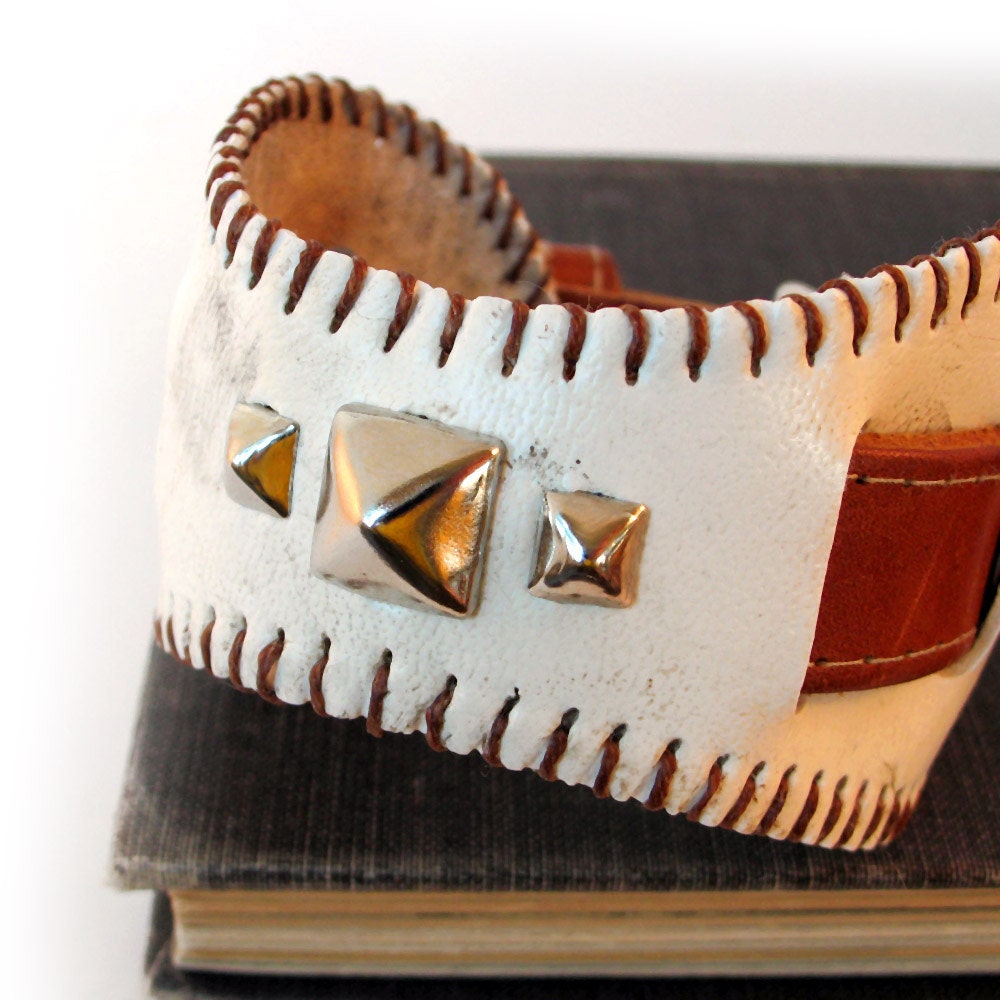 Leather Cuff Bracelet Wristband with Studded Baseball, Unique, Sports Fan, OOAK