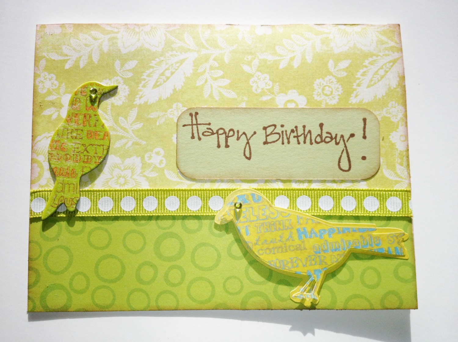 Birthday Greeting Card  with  Birds in Sage Green