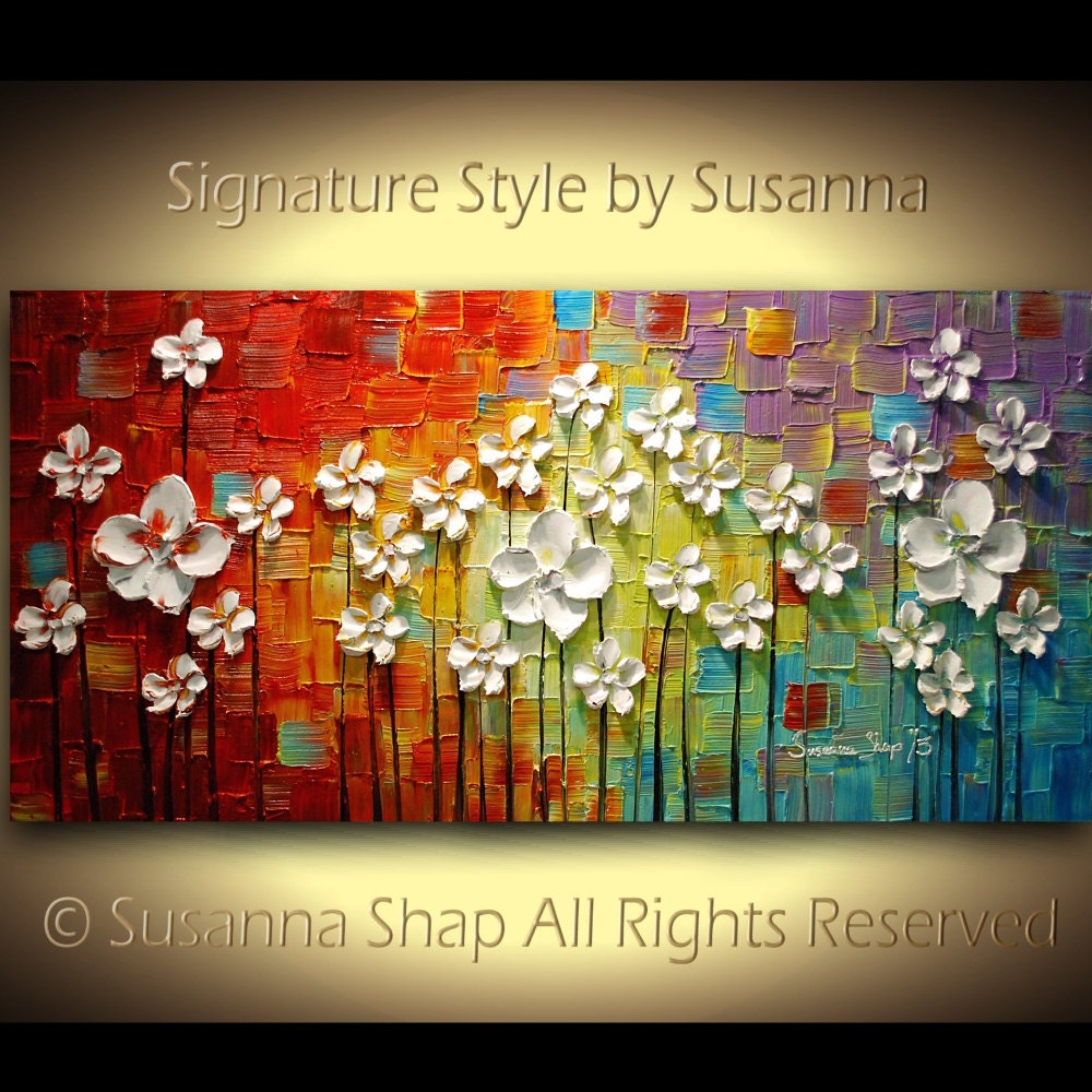 ORIGINAL Large Colorful Abstract White Flowers Landscape Oil Painting Multicolored Heavy Texured Modern Art by Susanna Ready to Hang 48x24