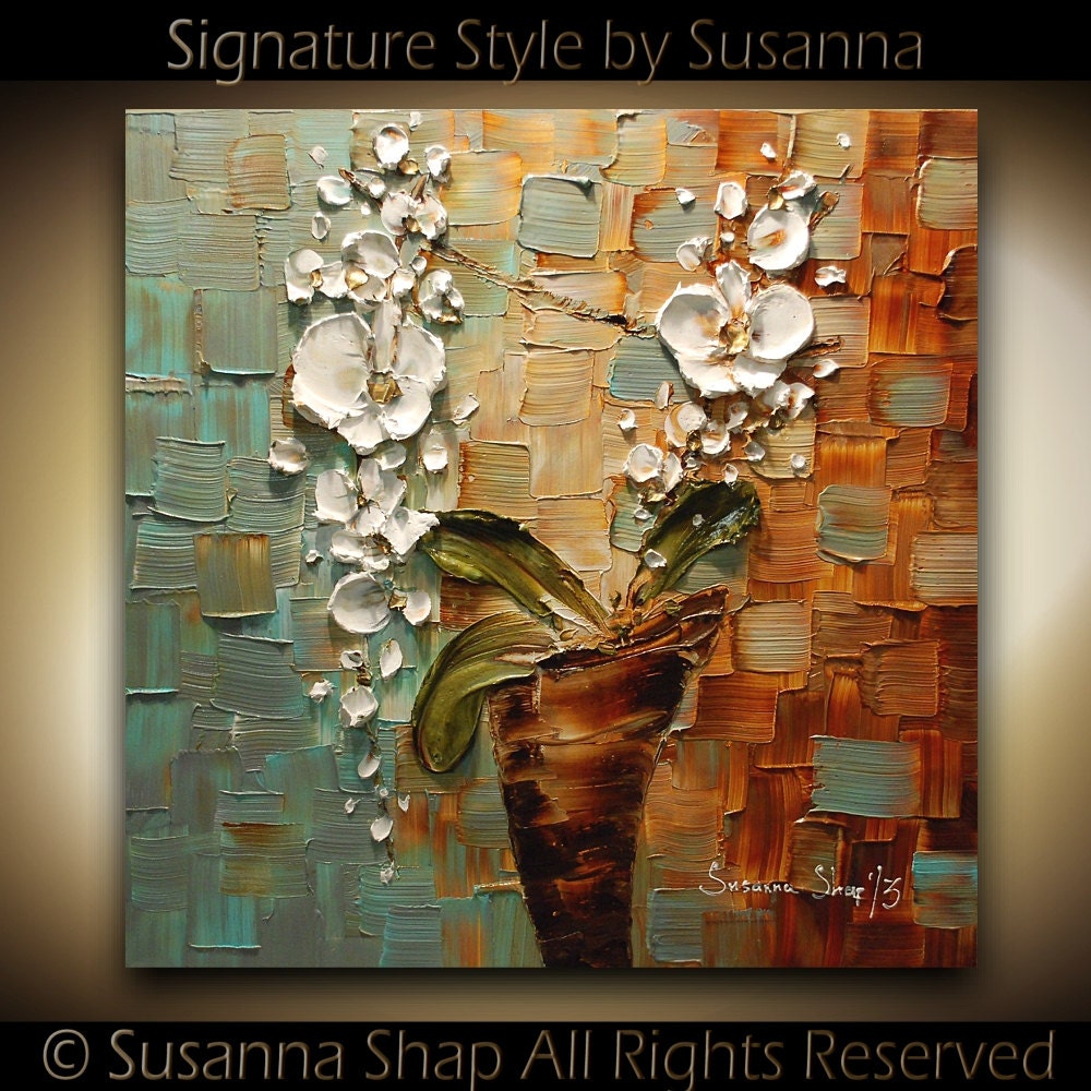 ORIGINAL Abstract White Orchid Impasto Oil Painting Modern Palette Knife Flowers Contemporary Fine Art by Susanna 24x24