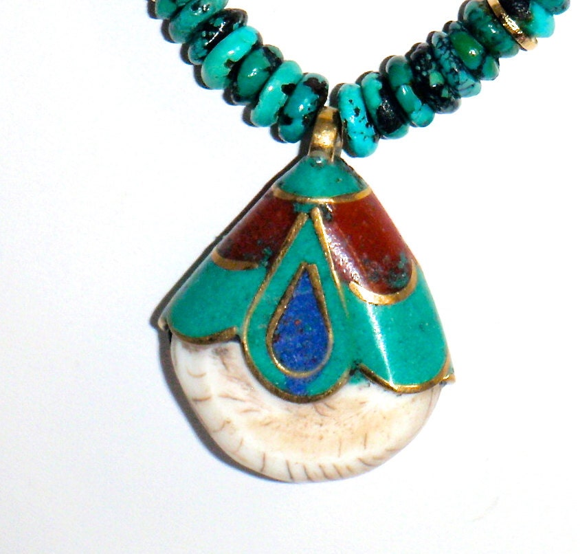 Natural Hubei, Turquoise rondelle beads PLUS Conch/Turquoise Pendant