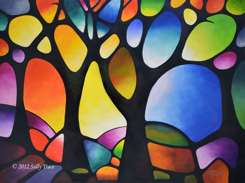 SUNSET TREES,  Giclee on Canvas, 30x40 inches, abstract geometric urban art by Sally Trace