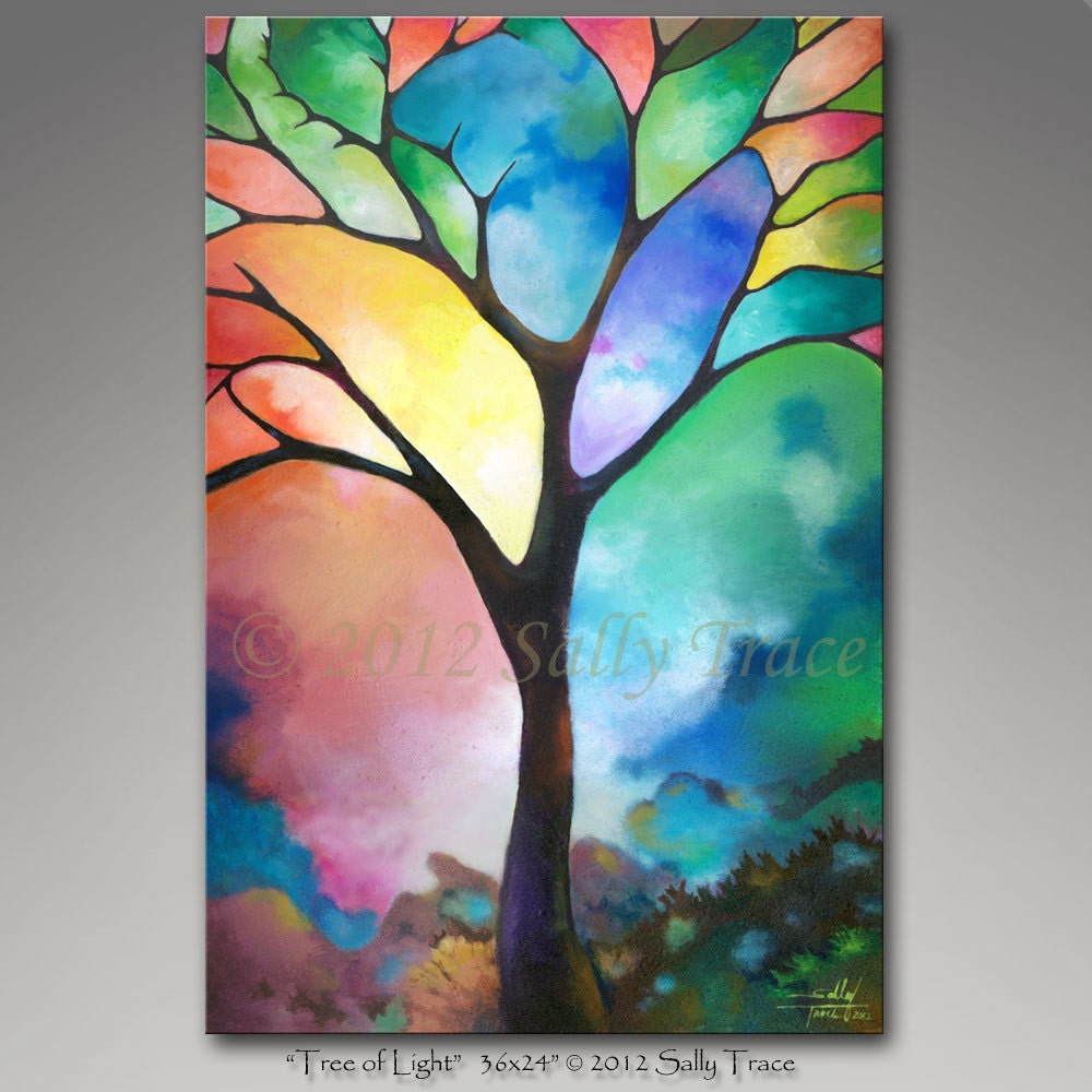 Original Commission 36x24 inch abstract landscape tree painting, lots of texture...Tree of Light...Made To Order