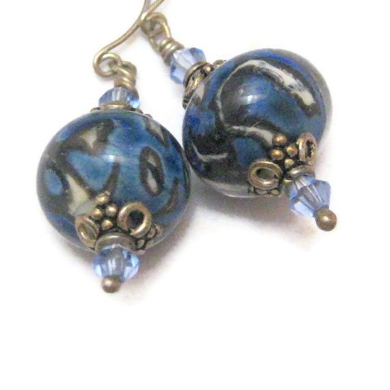 Sterling Silver Glass Lampwork Earrings Blue Black Cream Earrings