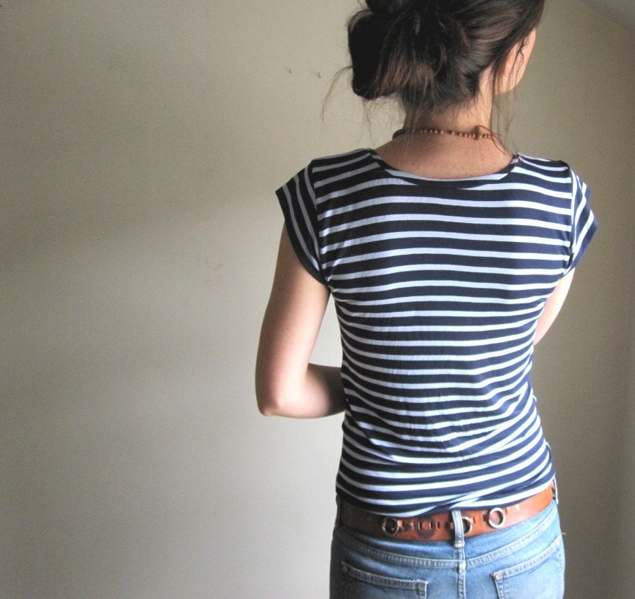 Navy and Light Blue Stripe Tee / Short Sleeve Striped Tshirt / Women's Top / Custom Made to Order