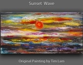 Surreal art Abstract Painting Original Acrylic Painting Colored sky sunset wave seascape landscape painting by tim Lam 48x24