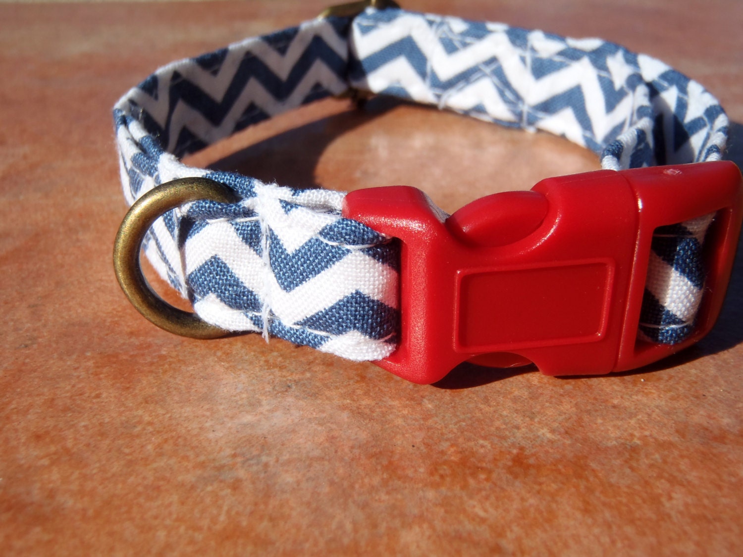 Sea Spray - Organic Cotton SMALL Dog Collar Blue White Nautical Chevron - All Antique Brass Hardware