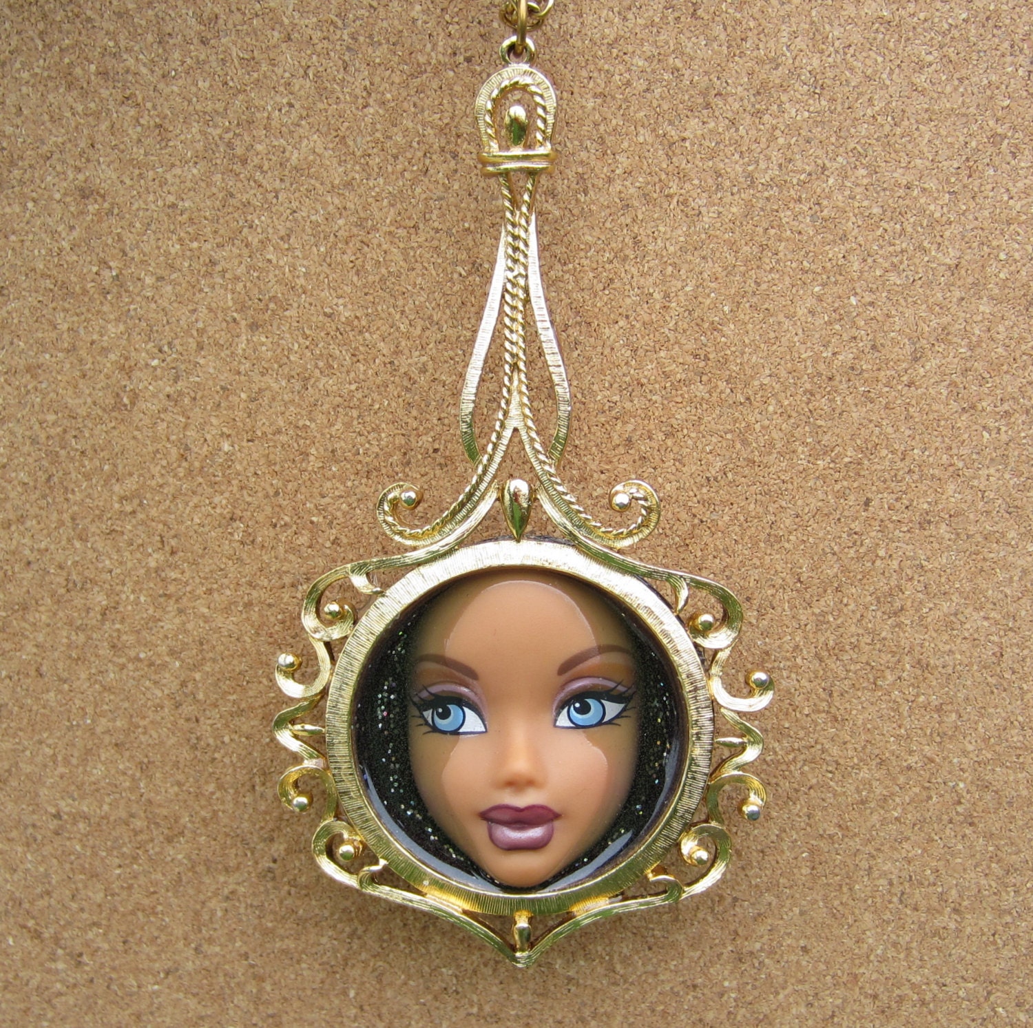 Monocular - upcycled doll face pendant necklace