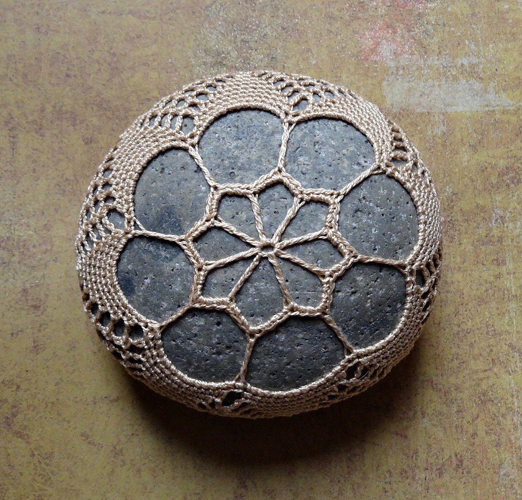 Home Decor, Collectible, Housewares, Crocheted Lace Stone, Handmade Art, Original, Table Decoration, Golden Beige Thread with Gray Stone