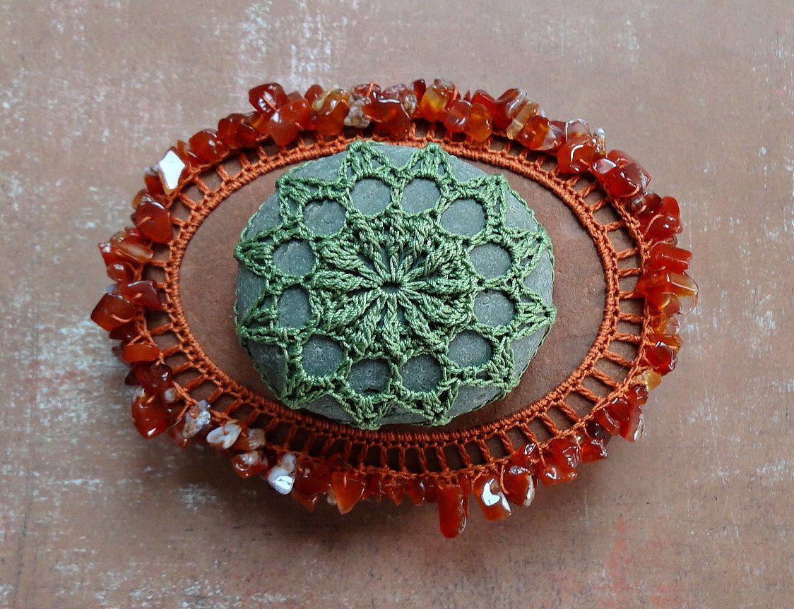 Gift Ideas, Desk Accessory, Art, Mixed Media, Original, Tribal, Crochet Lace Stone, Table Decorations, Handmade, Orange Thread, Carnelian
