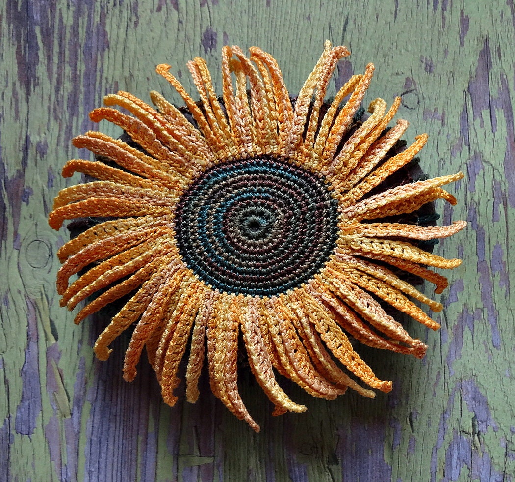 Folk Art, Mixed Media, Crochet Flower Stone, Original, Handmade, Sunflower, Table Decorations, Nature, Garden, Decorative Arts