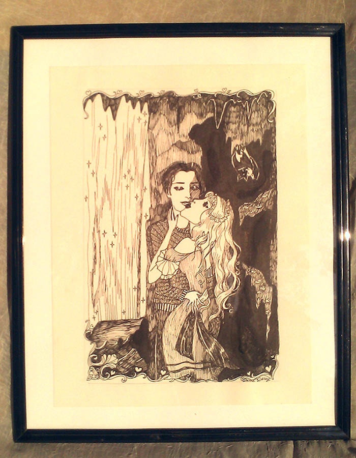 Dame Darcy, Waterfall Kiss, One of a kind, black and white, pen and ink,  Illustration, Graphic novel, Gothic, Lolita, Manga, Dark Fantasy,
