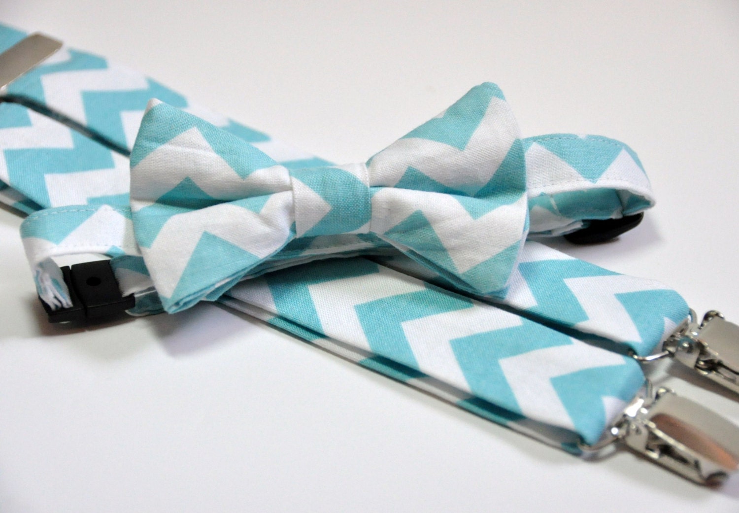 Boy's Bow Tie and Suspenders in Aqua and White Chevron
