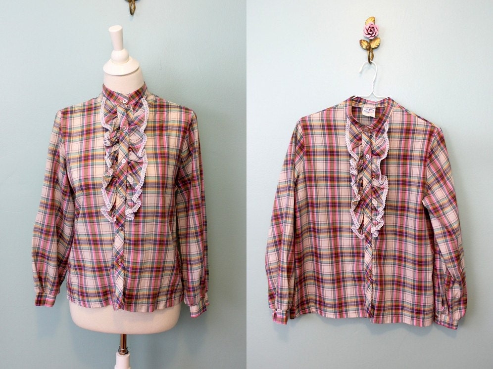 1970s Country Fair tartan plaid lace ruffle in pink & green - SM