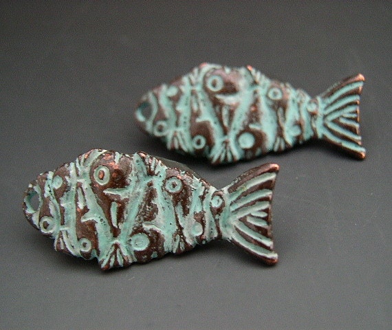 Naos - Wavy Fish Charms - Mykonos Greek Copper Antiqued Green Turquoise - Double Sided Unusual Design