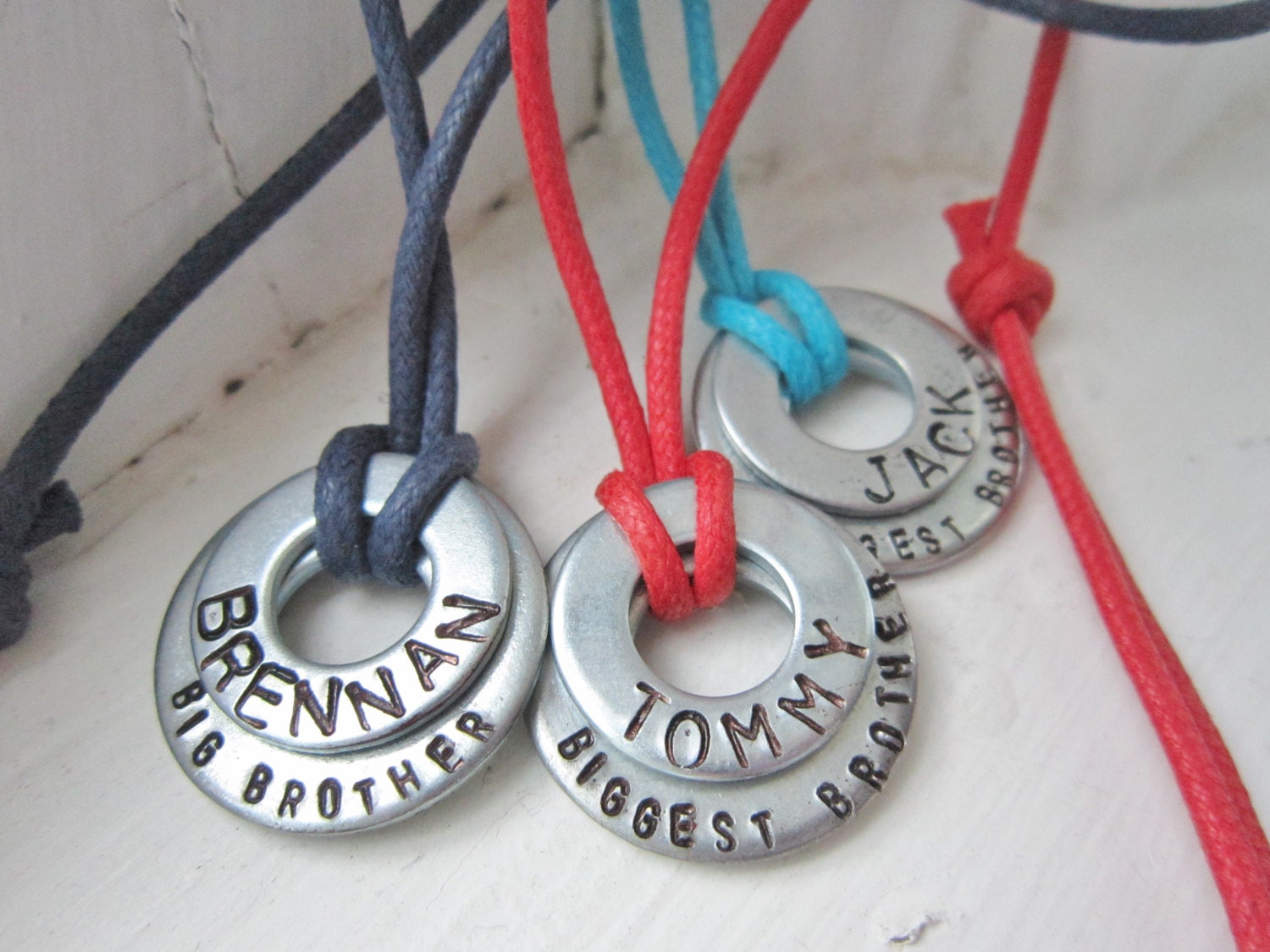 Personalized Big Brother / Middle Brother / Little Brother Washer Necklace with custom cord color