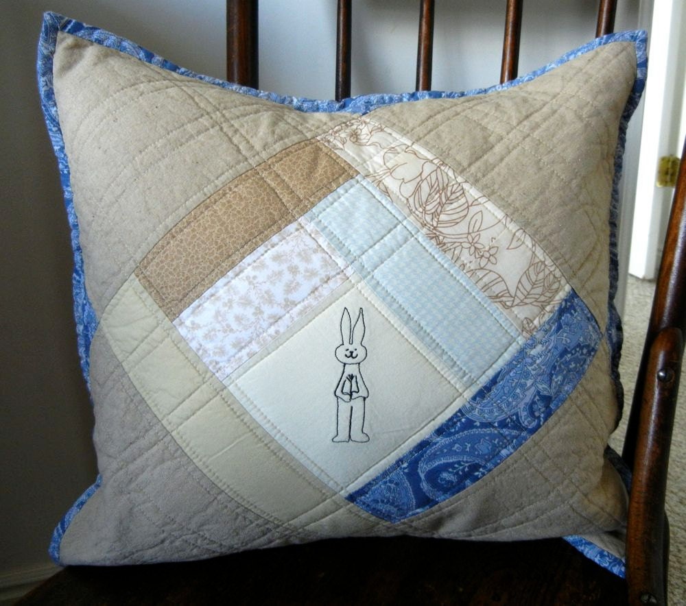 Bunny Boy Quilted pillow cover. Linen and cotton