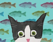 Cat Art - Tuxedo Cat  Fish - 5 x 7 Print - Silent Mylo: Fish Attack
