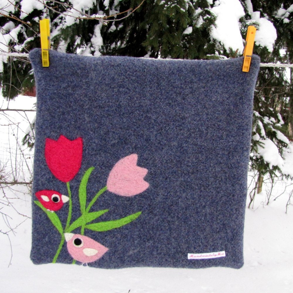 Pretty blue wool pillowcase cushion cover with needle felted pink birdie birds and flowers