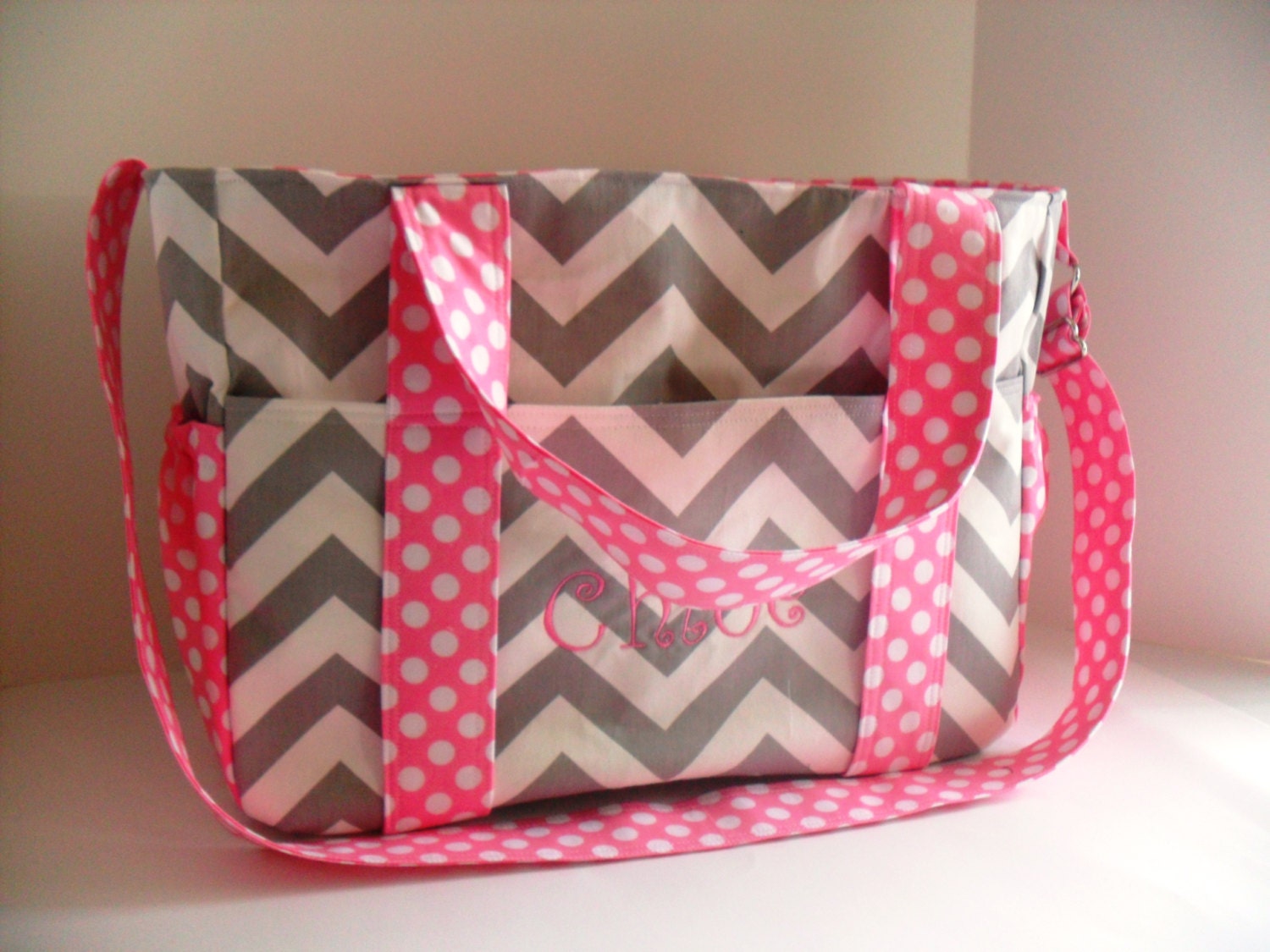 Monogrammed Extra Large Diaper bag Made of Gray Chevron Fabric  and  Bright Pink Polka Dot
