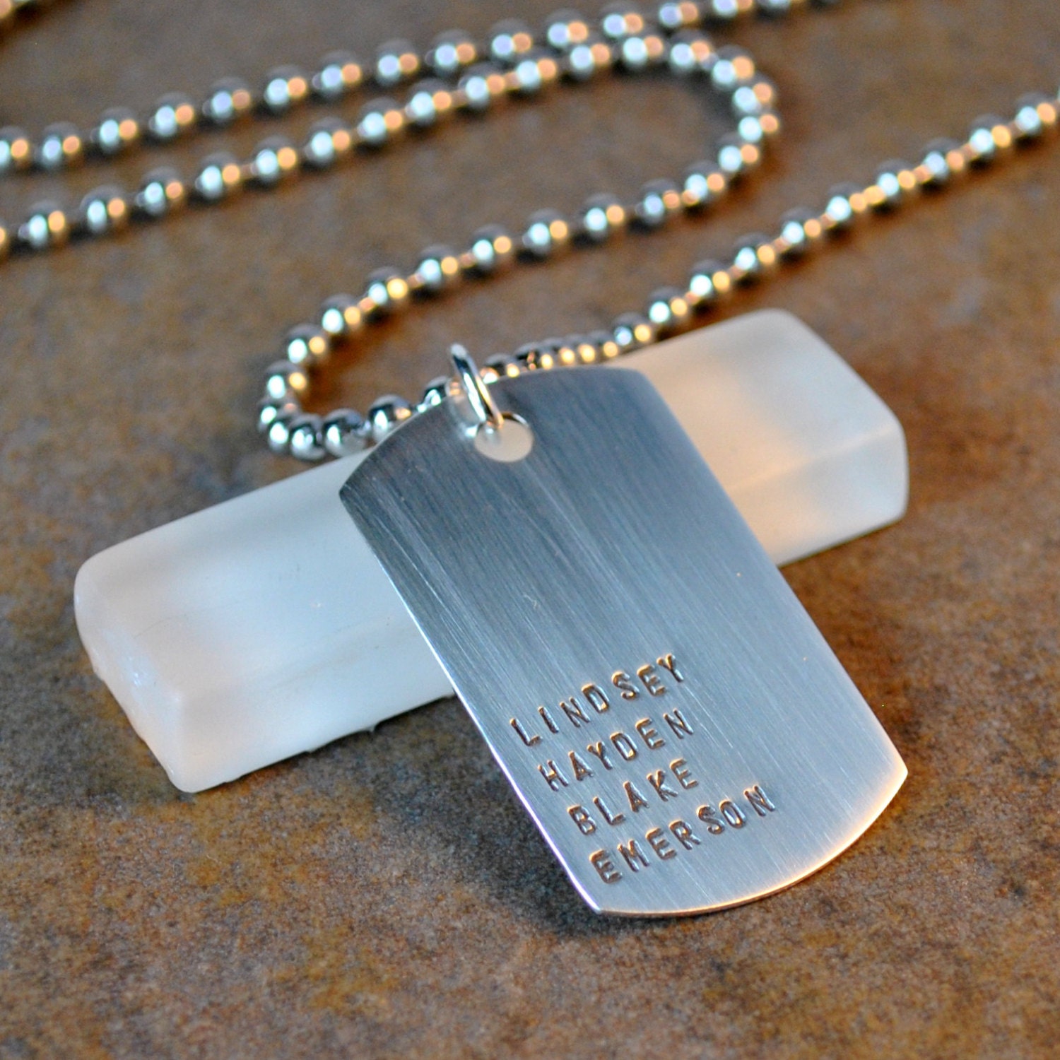 hunter necklace for men - horizontal names hand stamped on sterling silver