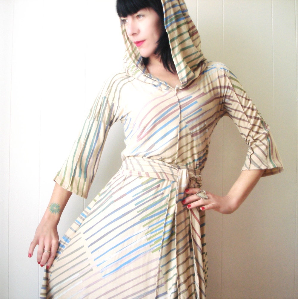 Till We Meet Again - iheartfink Handmade Hand Printed Muted Diagonal Stripes Womens Artistic Hooded Day Dress