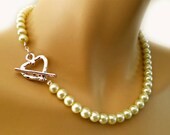 Swarovski Pearl Necklace 1 Strand Brides Bridesmaids Gift Jewelry,Classic Cream Ivory Pearls, Wedding Pearl Necklace Silver Heart
