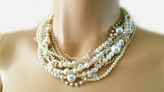 Pearl Choker Necklace, Cream Ivory White Beige Rhinestone Crystal Wedding Bridal Bride Bridesmaids Trendy Chunky Necklace
