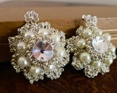 Ivory Pearl Bridal Earrings, Floral Wedding Earrings, Wedding Jewelry, Pearl Rhinestone Earrings