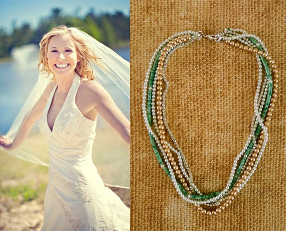 Turquoise Pearl Necklace, Multi Strand Pearl Necklace, Turquoise Necklace Rhinestone Green Beach Weddings Brides Bridesmaids Gift Jewelry